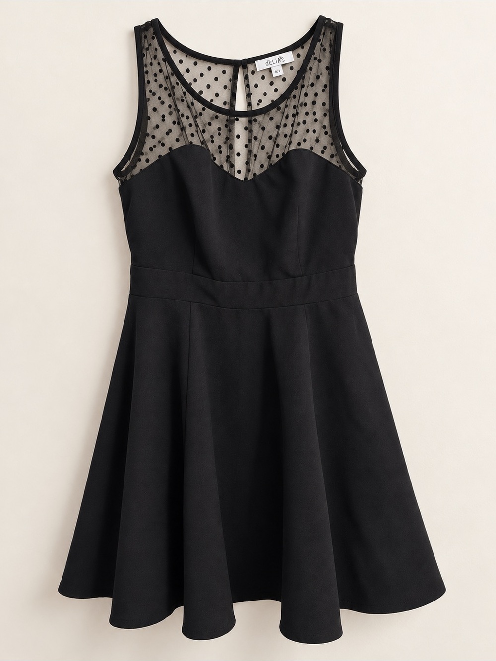 Delia’s Y2K Size 5/6 Black Polka Dot Mesh Fit & Flare Mini Dress